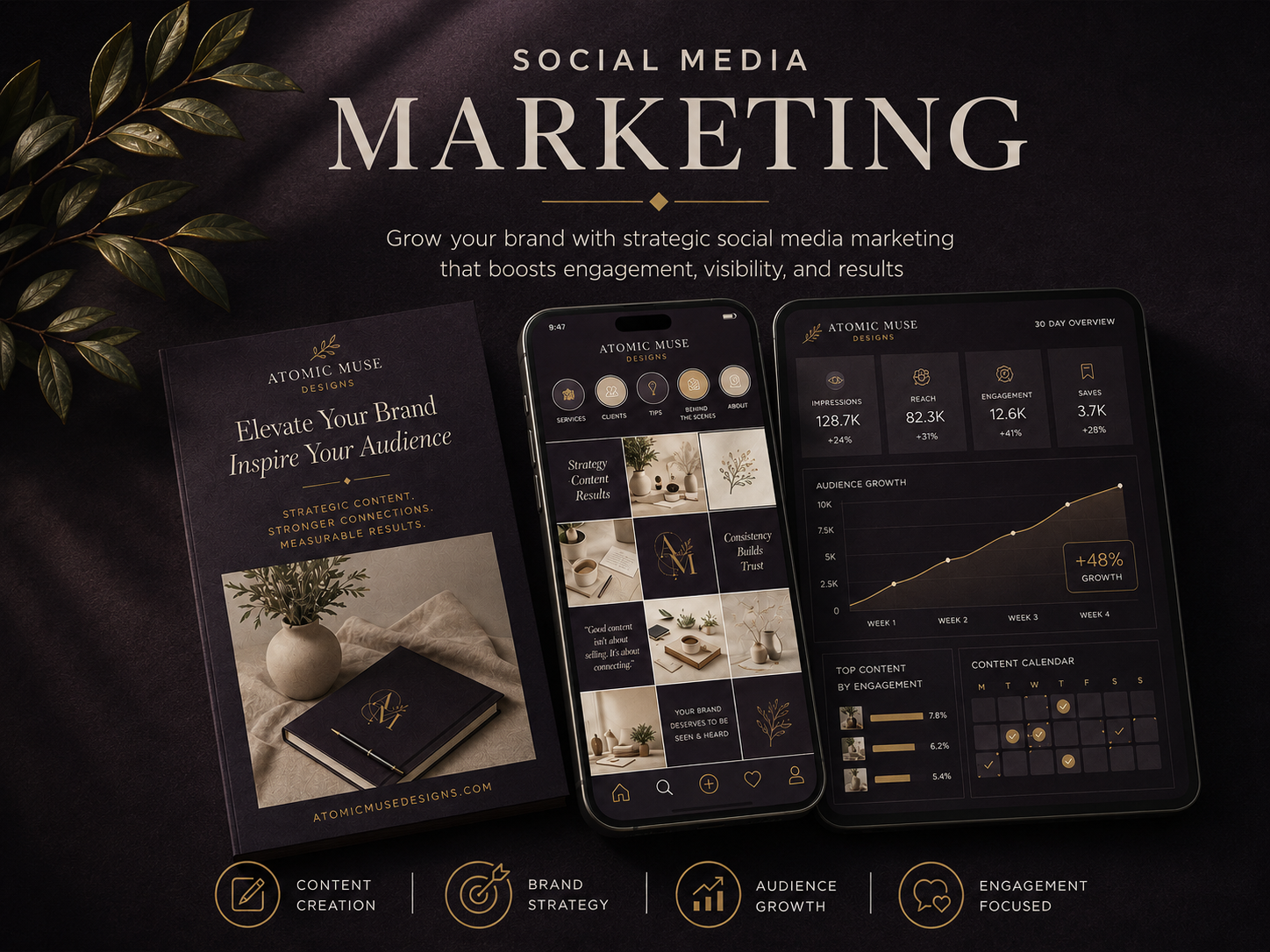 Coordinated social media graphics and content designed by Atomic Muse